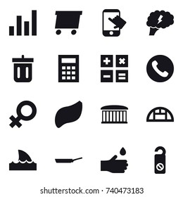 16 vector icon set : graph, delivery, touch, brain, bin, calculator, phone, airport building, greenhouse, shark flipper, pan, hand drop, do not distrub