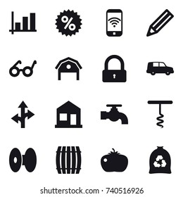 16 vector icon set : graph, percent, phone wireless, pencil, barn, lock, home, water tap, corkscrew, barrel, tomato, garbage bag