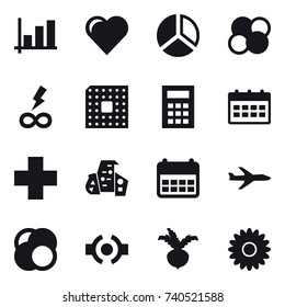 16 vector icon set : graph, heart, diagram, atom core, infinity power, cpu, calculator, calendar, modern architecture, plane, beet, flower
