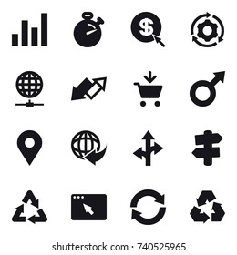 16 vector icon set : graph, stopwatch, dollar arrow, around gear, globe connect, up down arrow, add to cart, signpost, reload, recycling