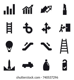 16 vector icon set : graph, diagram, up down arrow, lipstick, stairs, air ballon, escalator, pickup, cleanser, please clean