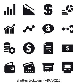 16 vector icon set : graph, crisis, dollar, diagram, money message, core splitting, virtual mining, dollar coin, account balance, receipt, wallet, credit card, atm receipt, atm