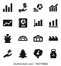 16 vector icon set : graph, investment, diagram, statistic, annual report, graph up, flower, greenhouse, seedling, hand leaf, spruce, garden, fertilizer