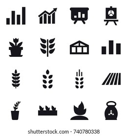 16 vector icon set : graph, diagram, presentation, flower, greenhouse, spikelets, field, seedling, sprouting, fertilizer