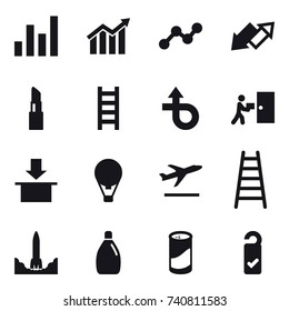 16 vector icon set : graph, diagram, up down arrow, lipstick, stairs, air ballon, departure, cleanser, cleanser powder, please clean