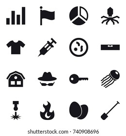 16 vector icon set : graph, flag, diagram, virus, t-shirt, level, house, key, jellyfish, shovel