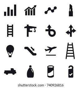 16 vector icon set : graph, diagram, lipstick, stairs, tower crane, air ballon, escalator, departure, pickup, cleanser, cleanser powder, please clean