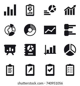 16 vector icon set : graph, report, diagram, circle diagram, statistic, presentation, annual report, clipboard, clipboard list