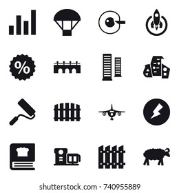 16 vector icon set : graph, parachute, cell corection, rocket, percent, bridge, skyscrapers, modern architecture, repair, fence, plane, electricity, sheep