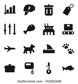 16 vector icon set : graph, brain, bin, label, equalizer, chicken leg, factory, plane, dog, shark flipper, pets, pan, thermometer, fish