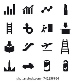 16 vector icon set : graph, diagram, lipstick, stairs, escalator, departure, pickup, cleanser powder, please clean