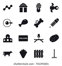 16 vector icon set : graph, gift, bulb, satellite, cell corection, chicken leg, pencil, mansion, welcome mat, cow, berry, fence, rake