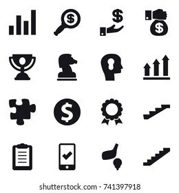 16 vector icon set : graph, dollar magnifier, investment, money gift, trophy, chess horse, bulb head, graph up, puzzle, dollar coin, medal, stairs, mobile checking, golf