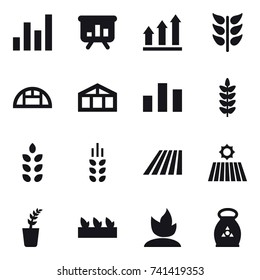 16 vector icon set : graph, presentation, graph up, greenhouse, spikelets, field, seedling, sprouting, fertilizer