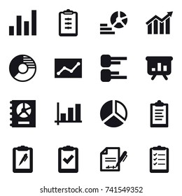 16 vector icon set : graph, clipboard, diagram, circle diagram, statistic, presentation, annual report, clipboard list