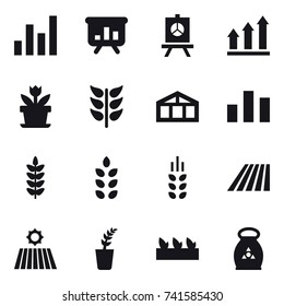 16 vector icon set : graph, presentation, graph up, flower, greenhouse, spikelets, field, seedling, fertilizer