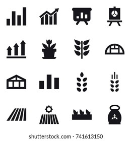 16 vector icon set : graph, diagram, presentation, graph up, flower, greenhouse, spikelets, field, seedling, fertilizer