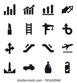 16 vector icon set : graph, diagram, graph up, up down arrow, lipstick, stairs, tower crane, escalator, departure, pickup, cleanser, please clean