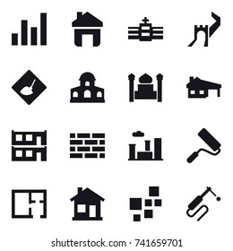16 vector icon set : graph, home, greate wall, under construction, mansion, minaret, house with garage, modular house, brick wall, city, repair, plan