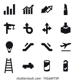 16 vector icon set : graph, diagram, up down arrow, lipstick, tower crane, air ballon, escalator, departure, stairs, pickup, cleanser powder, please clean