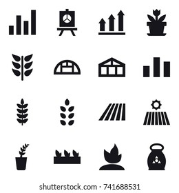 16 vector icon set : graph, presentation, graph up, flower, greenhouse, spikelets, field, seedling, sprouting, fertilizer