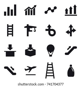 16 vector icon set : graph, diagram, graph up, stairs, tower crane, air ballon, escalator, departure, cleanser