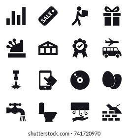 16 vector icon set : graph, sale, courier, gift, cashbox, greenhouse, transfer, water tap, toilet, hand dryer, construct garbage