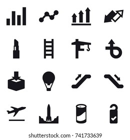 16 vector icon set : graph, graph up, up down arrow, lipstick, stairs, tower crane, air ballon, escalator, departure, cleanser powder, please clean