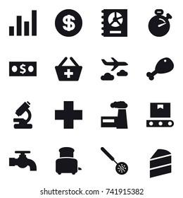 16 vector icon set : graph, dollar, annual report, stopwatch, money, add to basket, journey, chicken leg, factory, water tap, toaster, skimmer