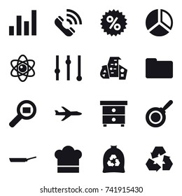 16 vector icon set : graph, call, percent, diagram, atom, equalizer, modern architecture, plane, nightstand, pan, cook hat, garbage bag, recycling