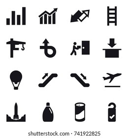 16 vector icon set : graph, diagram, up down arrow, stairs, tower crane, air ballon, escalator, departure, cleanser, cleanser powder, please clean