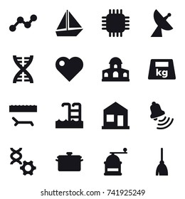16 vector icon set : graph, boat, chip, satellite antenna, dna, heart, mansion, lounger, pool, home, bell, pan, hand mill, broom