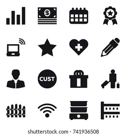 16 vector icon set : graph, money, calendar, medal, notebook wireless, star, pencil, passenger, fence, watering