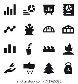 16 vector icon set : graph, diagram, presentation, annual report, flower, greenhouse, seedling, sprouting, hand leaf, sow, spruce, fertilizer