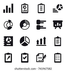 16 vector icon set : graph, report, clipboard, diagram, circle diagram, presentation, annual report, graph up, clipboard list