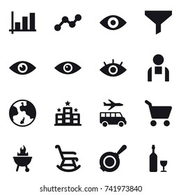 16 vector icon set : graph, eye, funnel, earth, hotel, transfer, cart, bbq, rocking chair, pan, wine