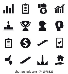 16 vector icon set : graph, clipboard, money gift, diagram, pedestal, trophy, chess horse, bulb head, dollar coin, stairs, mobile checking, golf, housing