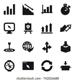 16 vector icon set : graph, crisis, stopwatch, monitor arrow, presentation, graph up, up down arrow, target, compass, reload, package