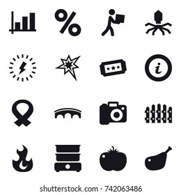 16 vector icon set : graph, percent, courier, virus, lightning, bang, ticket, info, bridge, camera, fence