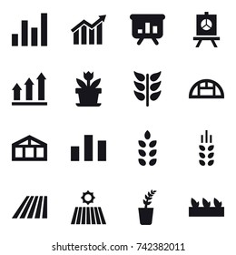 16 vector icon set : graph, diagram, presentation, graph up, flower, greenhouse, spikelets, field, seedling