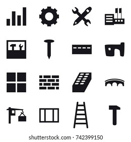 16 vector icon set : graph, gear, pencil wrench, store, tools, nail, bunker, slum, window, brick wall, brick, bridge, stairs