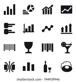 16 vector icon set : graph, diagram, statistic, graph up, barcode, wineglass, cocktail, wine, soap