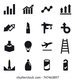 16 vector icon set : graph, diagram, graph up, up down arrow, lipstick, tower crane, air ballon, departure, stairs, cleanser, cleanser powder, please clean