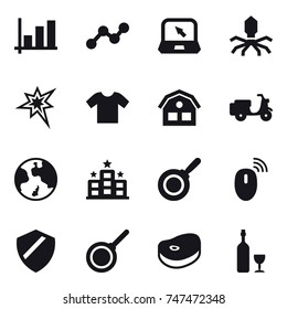 16 vector icon set : graph, notebook, virus, bang, t-shirt, house, earth, hotel, pan, wine