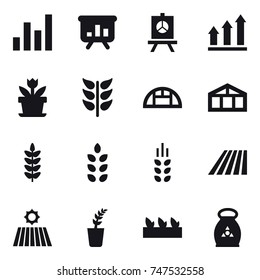 16 vector icon set : graph, presentation, graph up, flower, greenhouse, spikelets, field, seedling, fertilizer