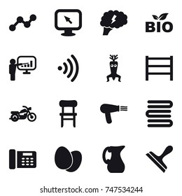 16 vector icon set : graph, monitor arrow, brain, bio, presentation, wireless, dna modify, motorcycle, chair, hair dryer, towels, jug, scraper