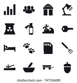 16 vector icon set : graph, group, gift, table lamp, nuclear power, surfer, key, bed, pets, big fork, soil cutter, mortar, trailer, acorn