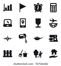 16 Vector Icon Set : Graph, Flag, Alarm Clock, Calculator, Notebook, Plane, Mixer, Pan, Grain Elevator, Bucket And Broom, Garden Cleaning, Housing