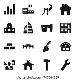 16 vector icon set : graph, store, great wall, home, mansion, skyscraper, slum, modular house, block wall, bridge, construction, house, architecture, bungalow, wrench