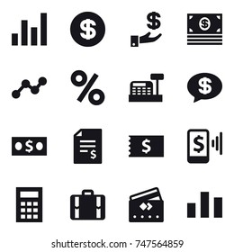 16 vector icon set : graph, dollar, investment, money, percent, cashbox, money message, account balance, receipt, mobile pay, calculator, suitcase, credit card